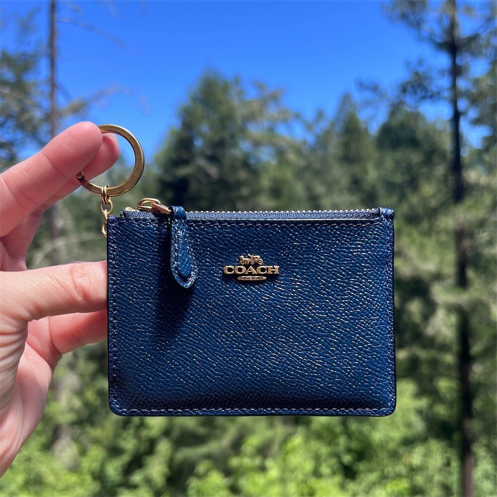 COACH Crossgrain Leather Blue Mini Skinny ID Case Keychain Wallet Gold Hardware - Picture 2 of 9